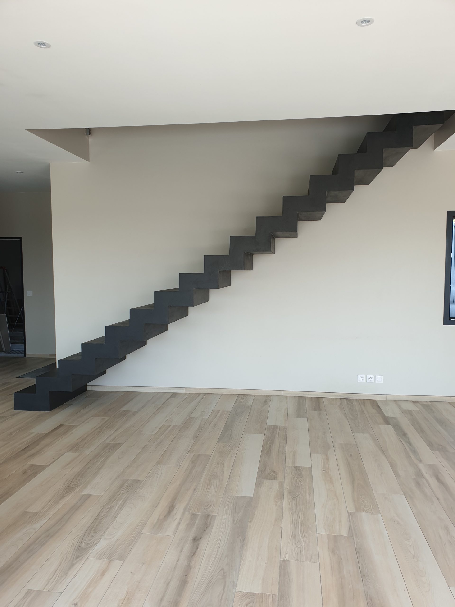 Salon d'une maison individuelle avec comme décoration principale un escalier en béton ciré